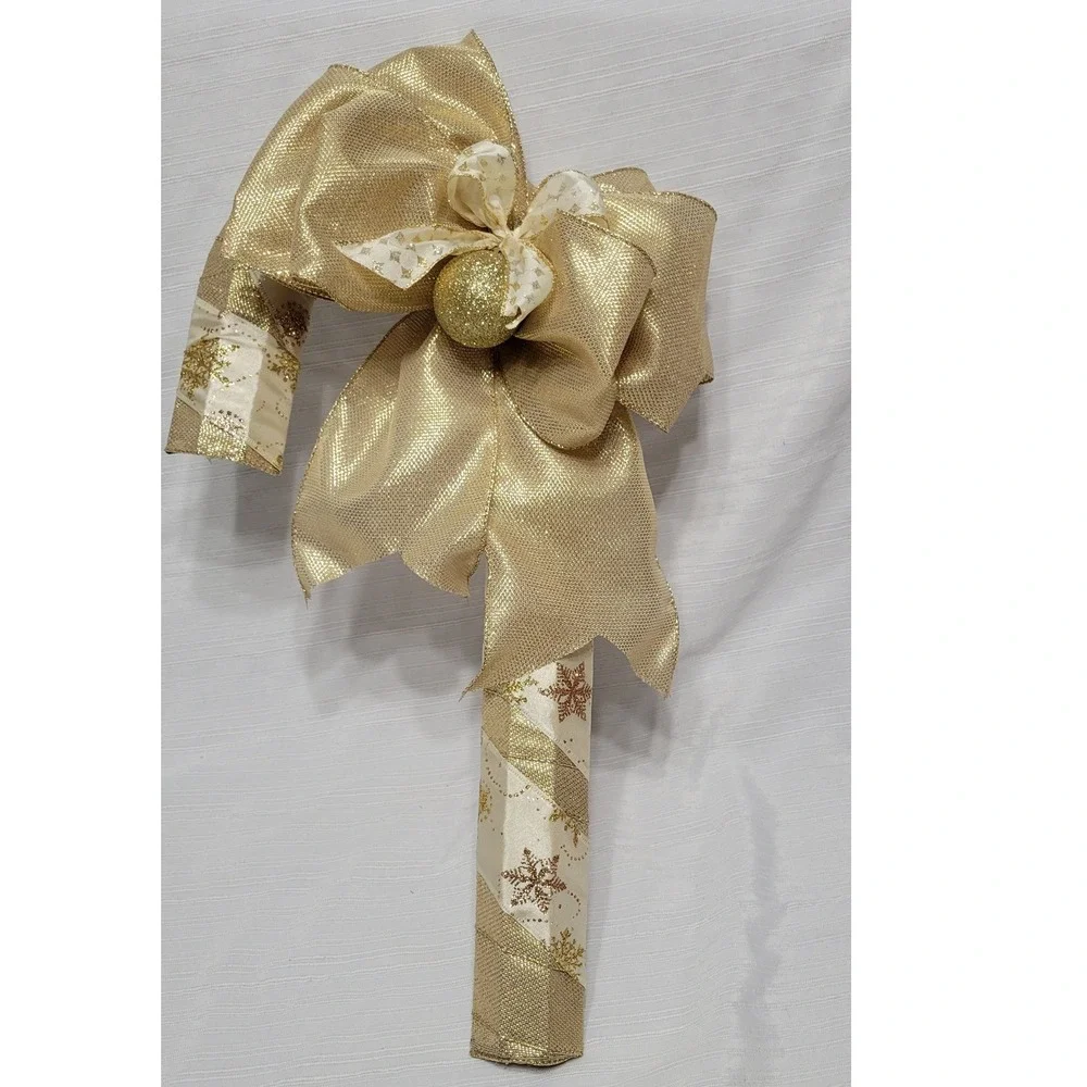 Gold Snowflake Candy Cane Christmas Door Hanger Metallic Mesh Bow Decor 22in
